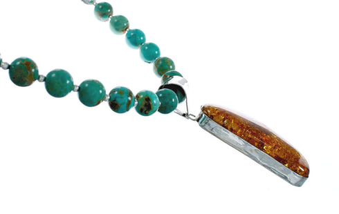 Native American Turquoise and Amber Bead Sterling Silver Necklace JX129248